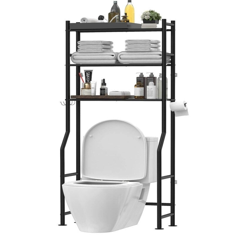 Scaffale portaoggetti da bagno da posizionare sopra il WC a 3 livelli, scaffale in metallo autoportante con 4 ganci, nero/bianco/rosa/blu/viola