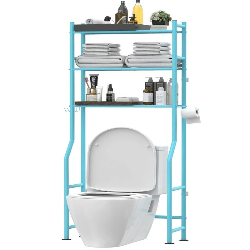 Scaffale portaoggetti da bagno da posizionare sopra il WC a 3 livelli, scaffale in metallo autoportante con 4 ganci, nero/bianco/rosa/blu/viola
