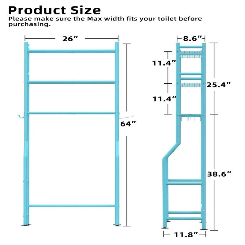 Scaffale portaoggetti da bagno da posizionare sopra il WC a 3 livelli, scaffale in metallo autoportante con 4 ganci, nero/bianco/rosa/blu/viola