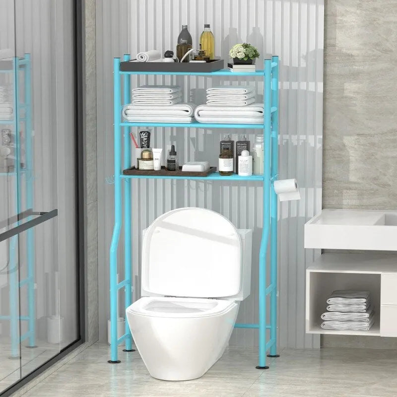 Scaffale portaoggetti da bagno da posizionare sopra il WC a 3 livelli, scaffale in metallo autoportante con 4 ganci, nero/bianco/rosa/blu/viola