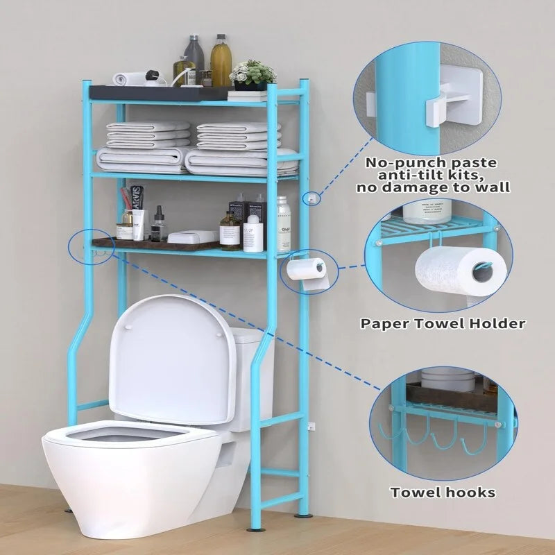 Scaffale portaoggetti da bagno da posizionare sopra il WC a 3 livelli, scaffale in metallo autoportante con 4 ganci, nero/bianco/rosa/blu/viola
