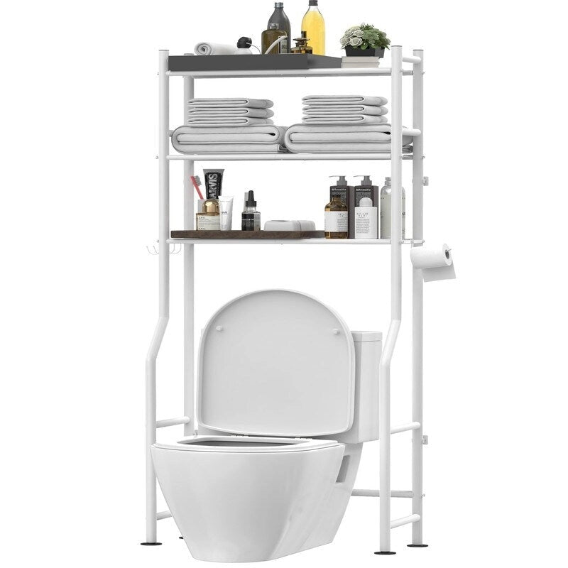 Scaffale portaoggetti da bagno da posizionare sopra il WC a 3 livelli, scaffale in metallo autoportante con 4 ganci, nero/bianco/rosa/blu/viola