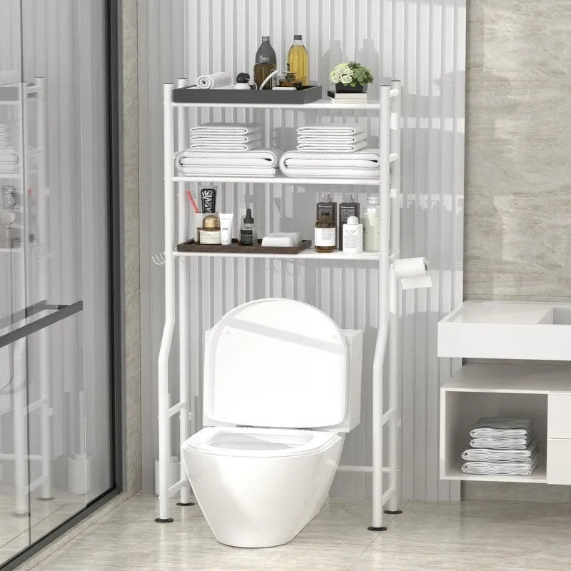 Scaffale portaoggetti da bagno da posizionare sopra il WC a 3 livelli, scaffale in metallo autoportante con 4 ganci, nero/bianco/rosa/blu/viola