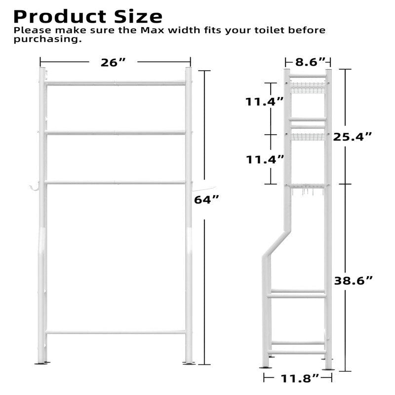 Scaffale portaoggetti da bagno da posizionare sopra il WC a 3 livelli, scaffale in metallo autoportante con 4 ganci, nero/bianco/rosa/blu/viola