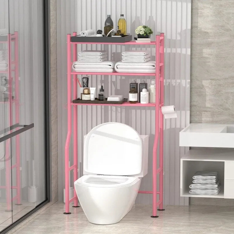 Scaffale portaoggetti da bagno da posizionare sopra il WC a 3 livelli, scaffale in metallo autoportante con 4 ganci, nero/bianco/rosa/blu/viola