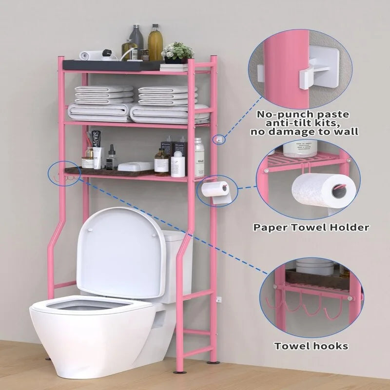 Scaffale portaoggetti da bagno da posizionare sopra il WC a 3 livelli, scaffale in metallo autoportante con 4 ganci, nero/bianco/rosa/blu/viola