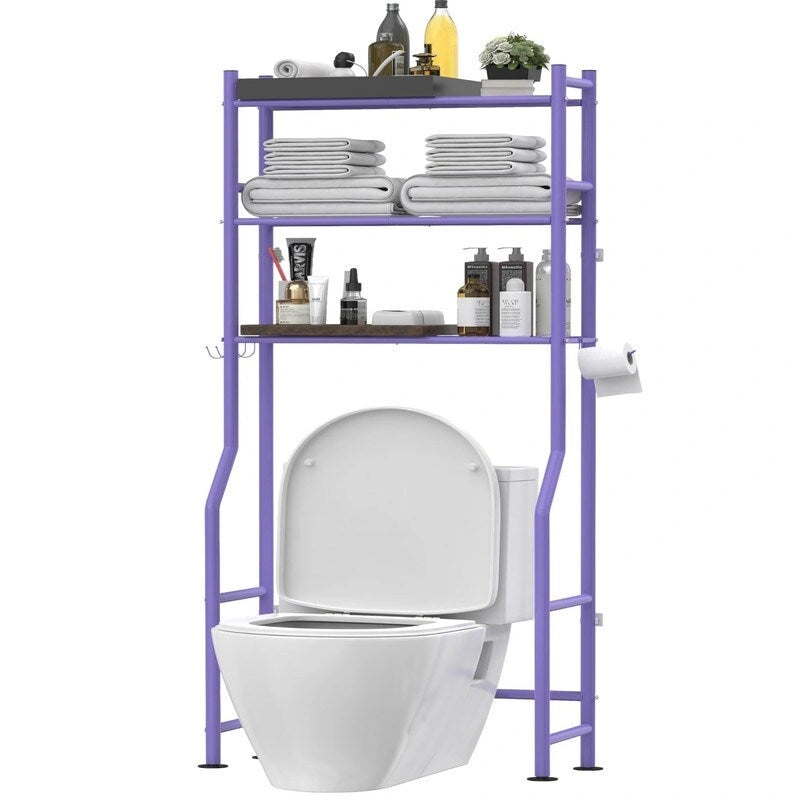Scaffale portaoggetti da bagno da posizionare sopra il WC a 3 livelli, scaffale in metallo autoportante con 4 ganci, nero/bianco/rosa/blu/viola