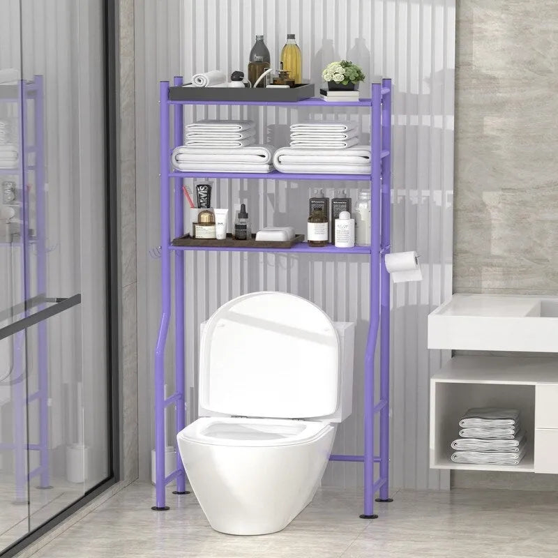 Scaffale portaoggetti da bagno da posizionare sopra il WC a 3 livelli, scaffale in metallo autoportante con 4 ganci, nero/bianco/rosa/blu/viola