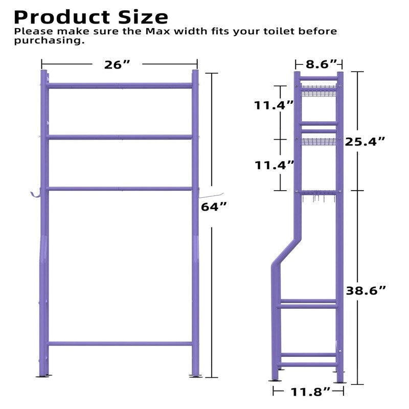 Scaffale portaoggetti da bagno da posizionare sopra il WC a 3 livelli, scaffale in metallo autoportante con 4 ganci, nero/bianco/rosa/blu/viola