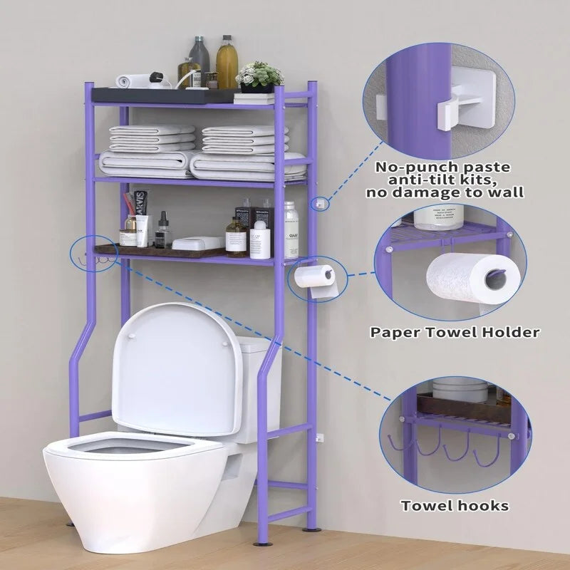 Scaffale portaoggetti da bagno da posizionare sopra il WC a 3 livelli, scaffale in metallo autoportante con 4 ganci, nero/bianco/rosa/blu/viola