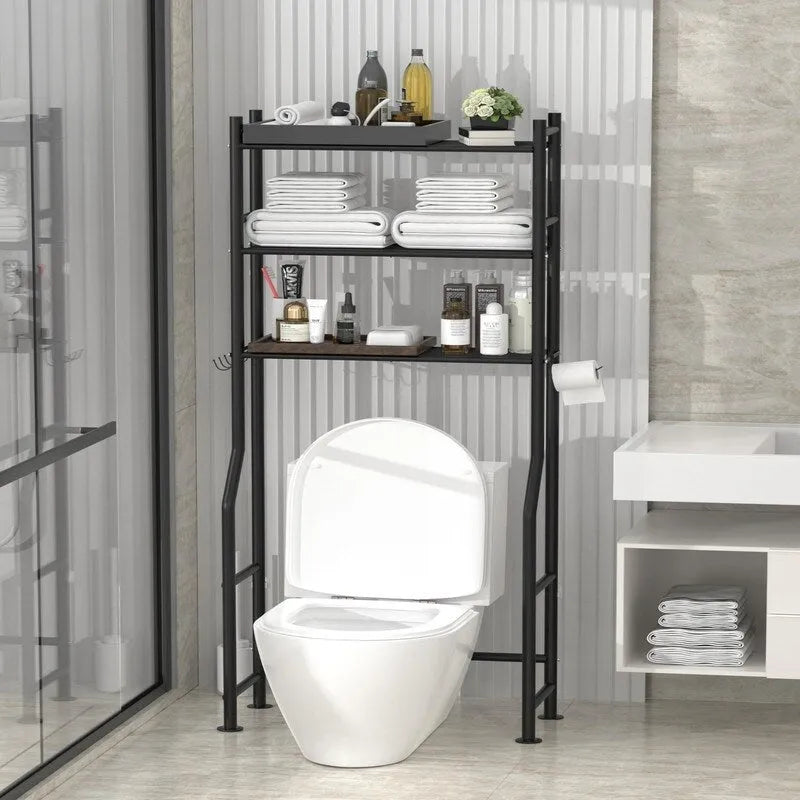 Scaffale portaoggetti da bagno da posizionare sopra il WC a 3 livelli, scaffale in metallo autoportante con 4 ganci, nero/bianco/rosa/blu/viola