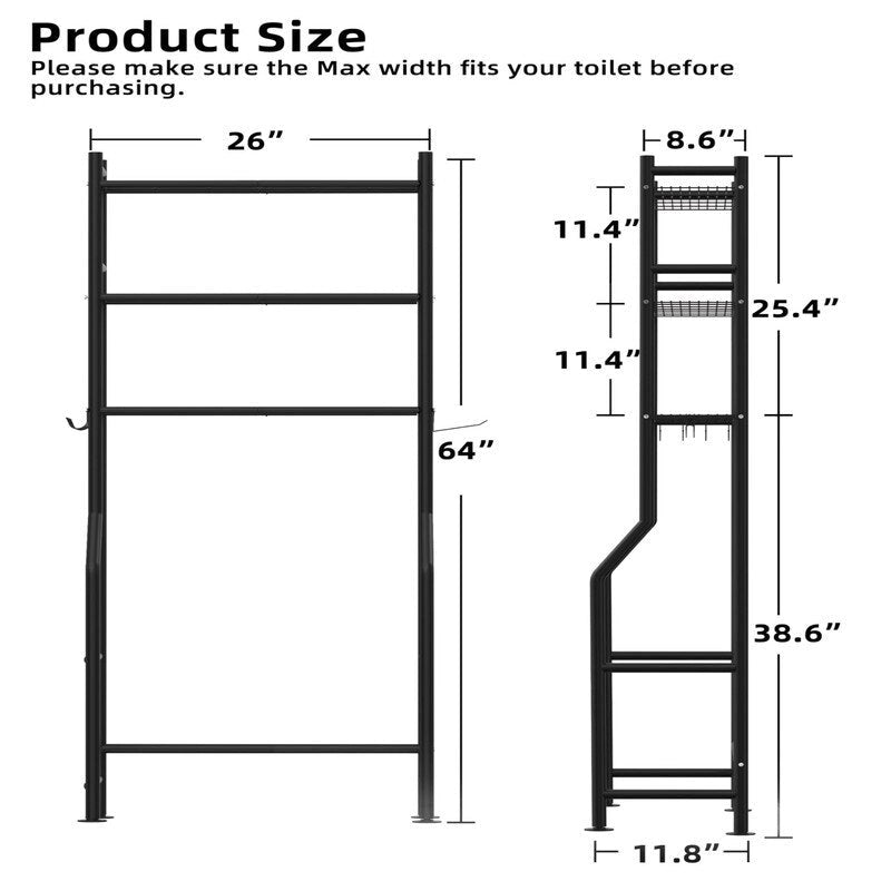 Scaffale portaoggetti da bagno da posizionare sopra il WC a 3 livelli, scaffale in metallo autoportante con 4 ganci, nero/bianco/rosa/blu/viola