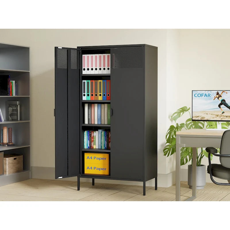 Armadio Metallico Nero a 5 Ripiani con Ante Ventilate, 4 Ripiani Regolabili, 180 cm H