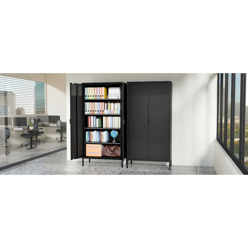 Armadio Metallico Nero a 5 Ripiani con Ante Ventilate, 4 Ripiani Regolabili, 180 cm H