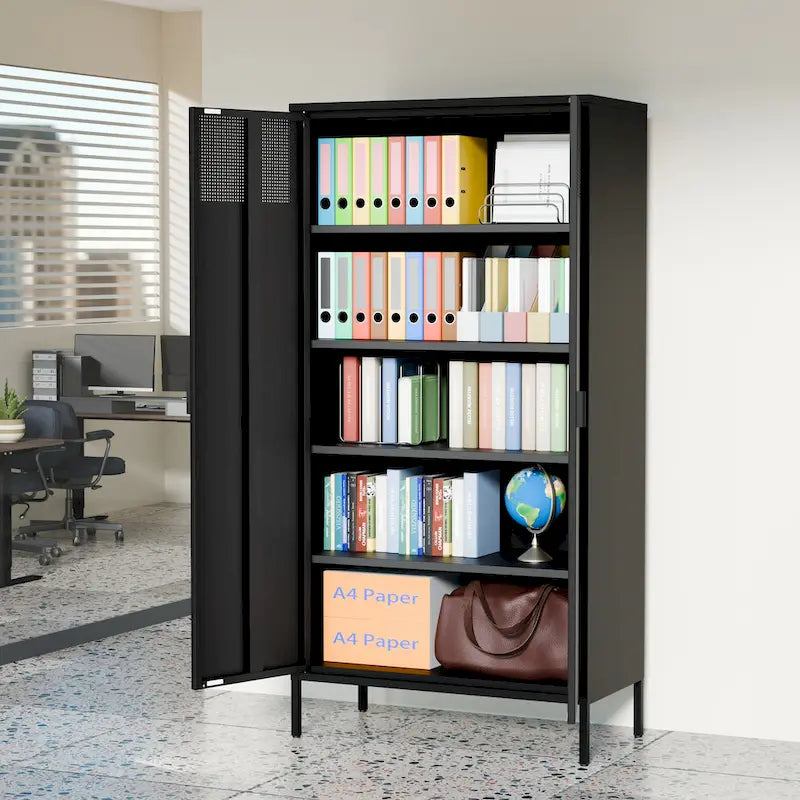 Armadio Metallico Nero a 5 Ripiani con Ante Ventilate, 4 Ripiani Regolabili, 180 cm H