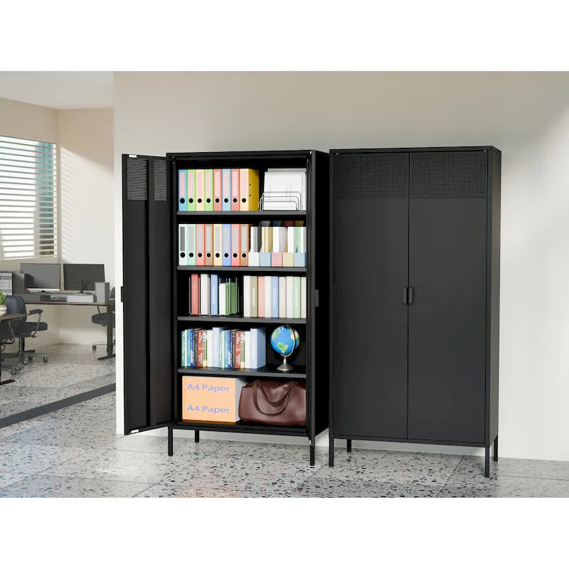 Armadio Metallico Nero a 5 Ripiani con Ante Ventilate, 4 Ripiani Regolabili, 180 cm H