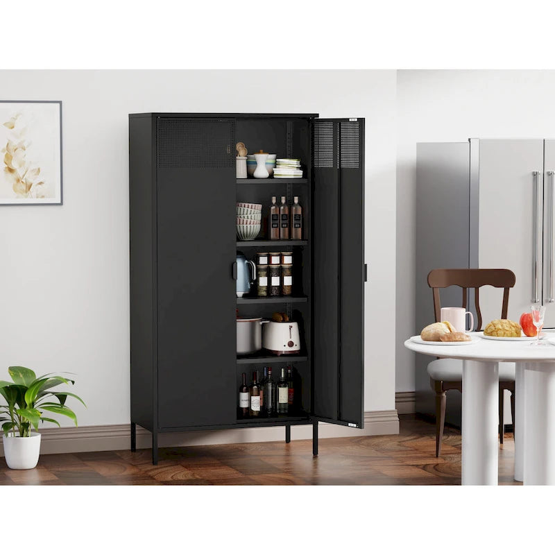 Armadio Metallico Nero a 5 Ripiani con Ante Ventilate, 4 Ripiani Regolabili, 180 cm H