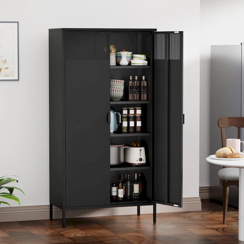 Armadio Metallico Nero a 5 Ripiani con Ante Ventilate, 4 Ripiani Regolabili, 180 cm H