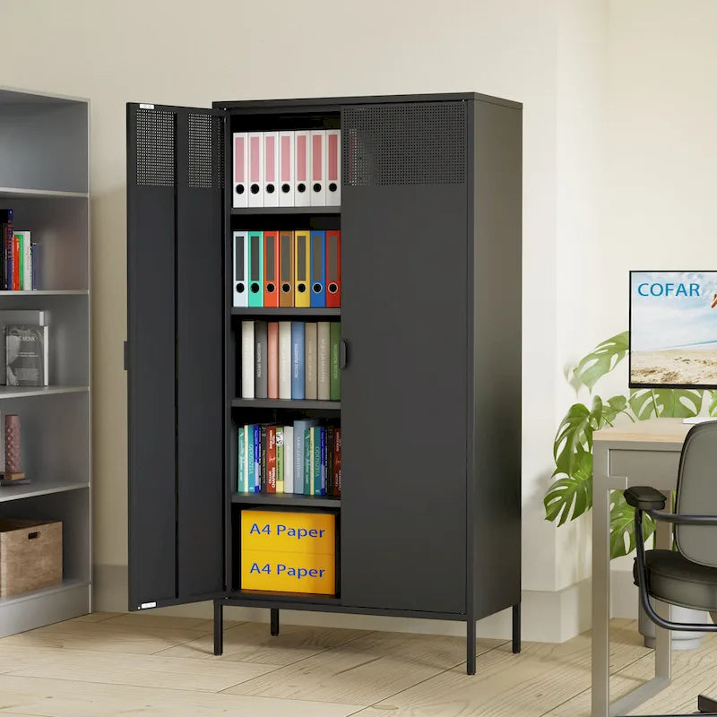 Armadio Metallico Nero a 5 Ripiani con Ante Ventilate, 4 Ripiani Regolabili, 180 cm H