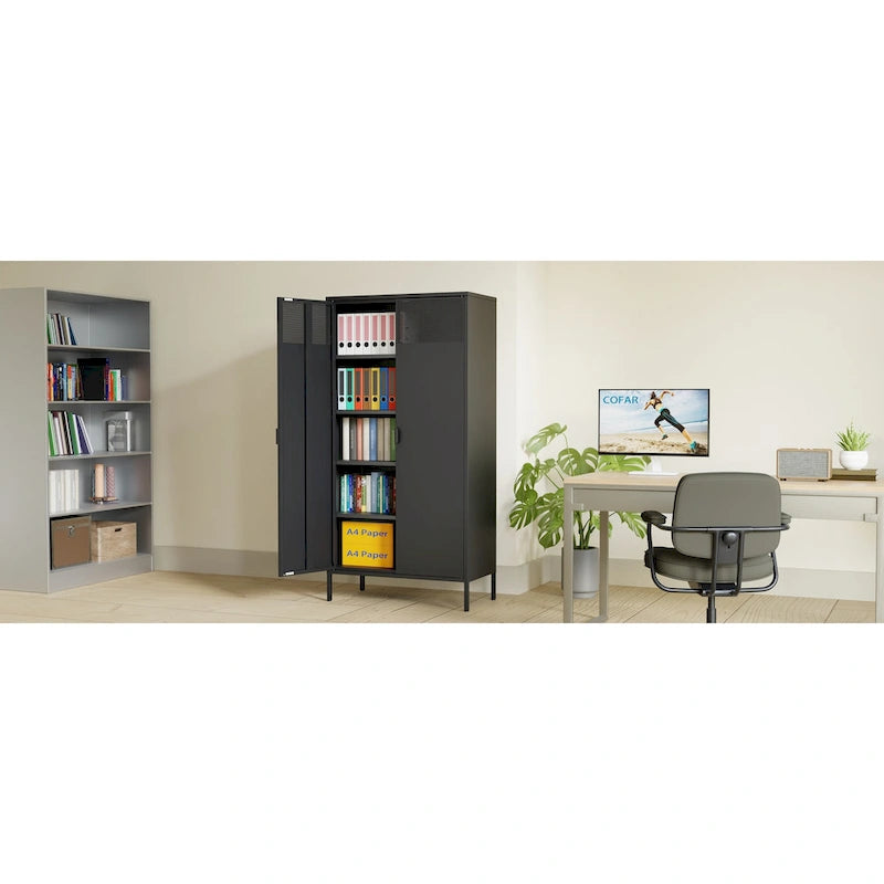 Armadio Metallico Nero a 5 Ripiani con Ante Ventilate, 4 Ripiani Regolabili, 180 cm H