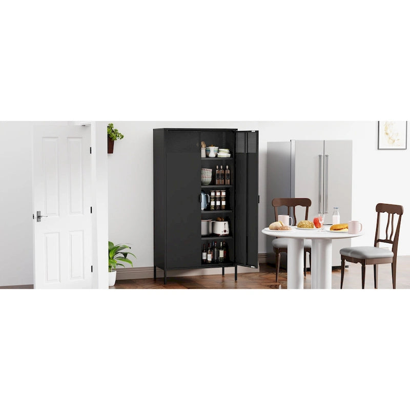 Armadio Metallico Nero a 5 Ripiani con Ante Ventilate, 4 Ripiani Regolabili, 180 cm H