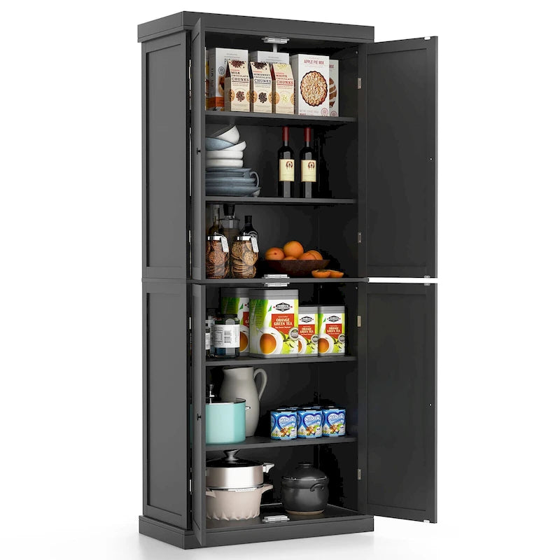 Dispensa da cucina a 4 ante, 6 ripiani, autoportante, bianca/nera