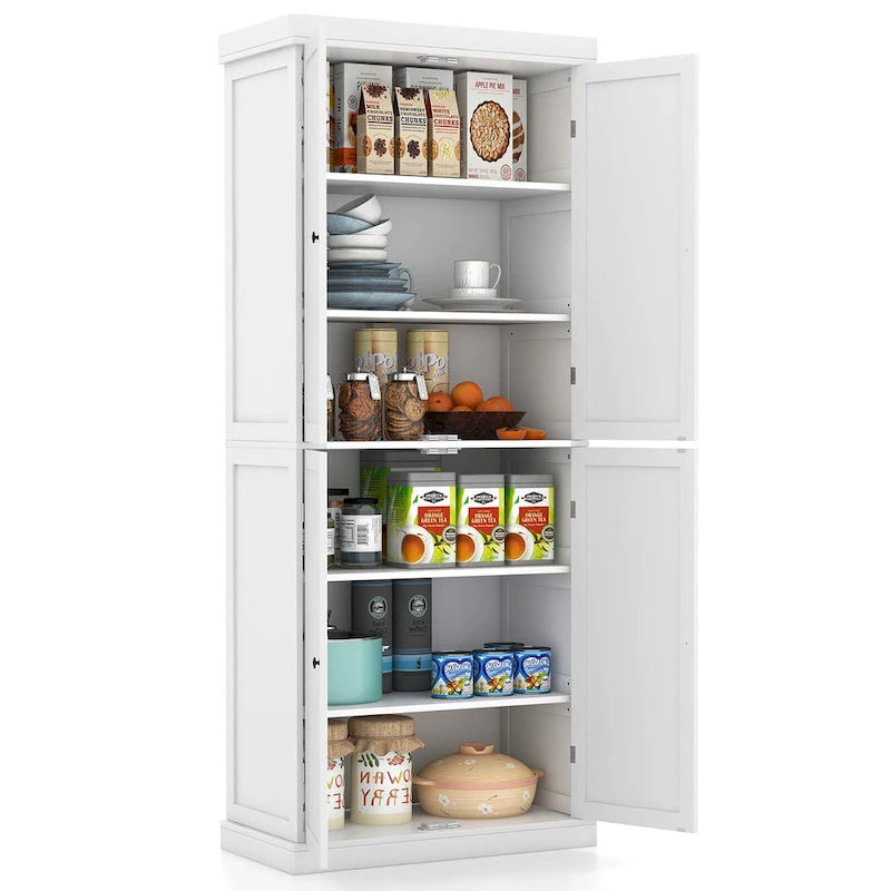 Dispensa da cucina a 4 ante, 6 ripiani, autoportante, bianca/nera