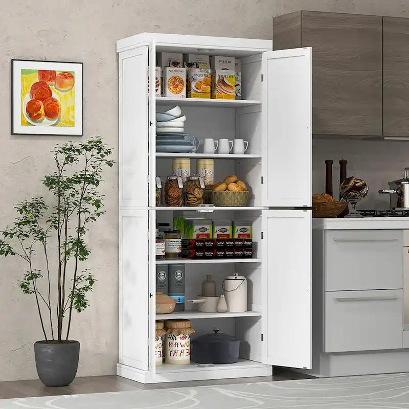 Dispensa da cucina a 4 ante, 6 ripiani, autoportante, bianca/nera