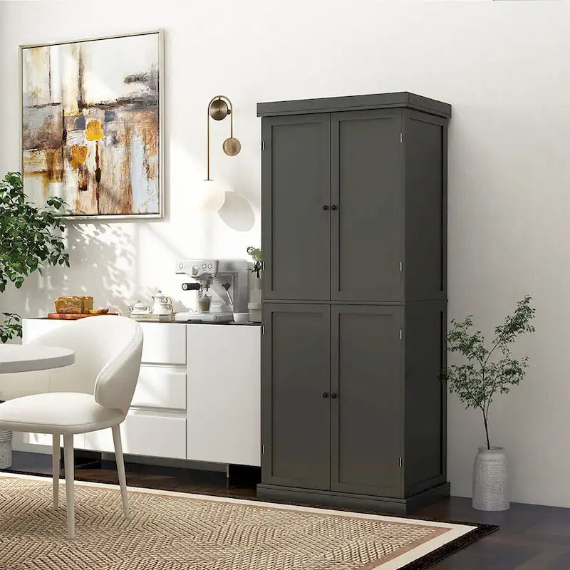 Dispensa da cucina a 4 ante, 6 ripiani, autoportante, bianca/nera