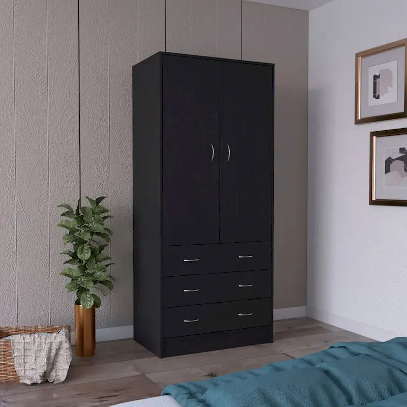 Armadio a due ante bianco/nero con 3 cassetti e asta appendiabiti, Guardaroba da camera da letto