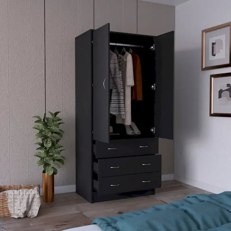 Armadio a due ante bianco/nero con 3 cassetti e asta appendiabiti, Guardaroba da camera da letto