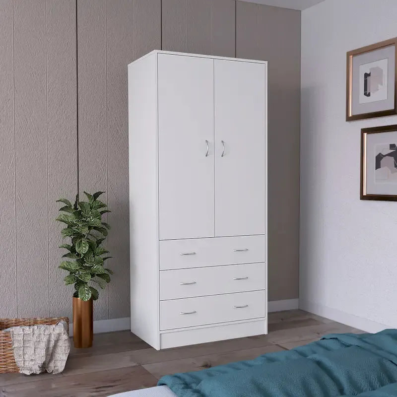 Armadio a due ante bianco/nero con 3 cassetti e asta appendiabiti, Guardaroba da camera da letto