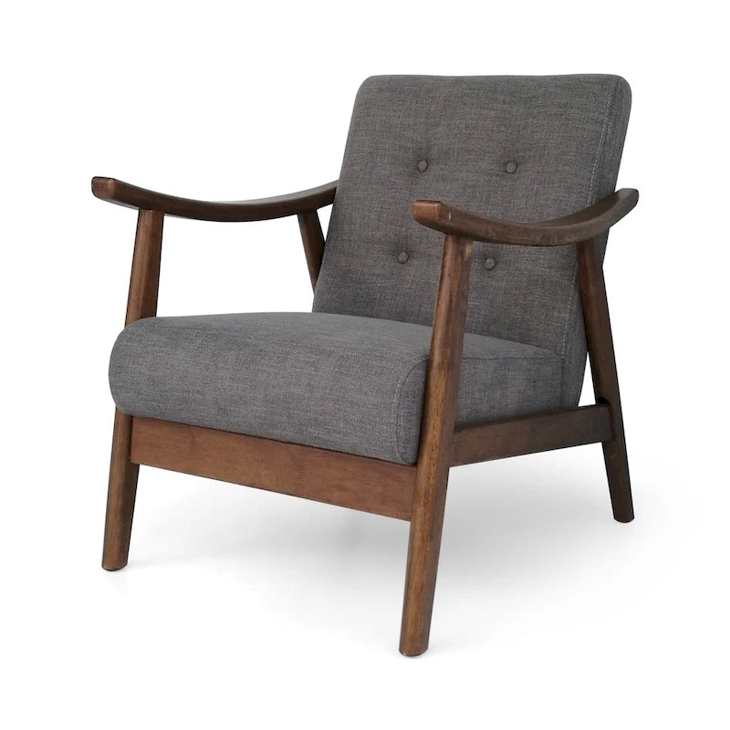 Poltrona d'Appoggio Mid-Century Modern, capitonné, braccioli in legno curvato, grigio scuro / beige / blu navy, 1 posto