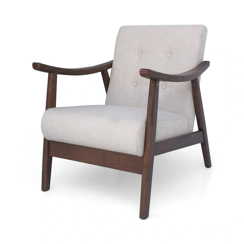 Poltrona d'Appoggio Mid-Century Modern, capitonné, braccioli in legno curvato, grigio scuro / beige / blu navy, 1 posto