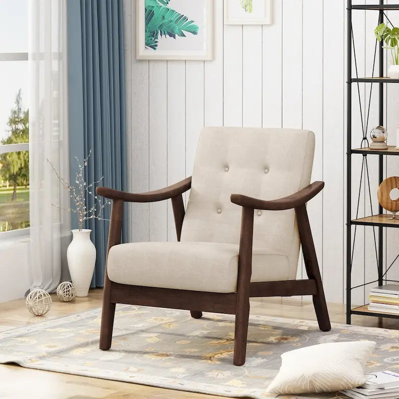 Poltrona d'Appoggio Mid-Century Modern, capitonné, braccioli in legno curvato, grigio scuro / beige / blu navy, 1 posto