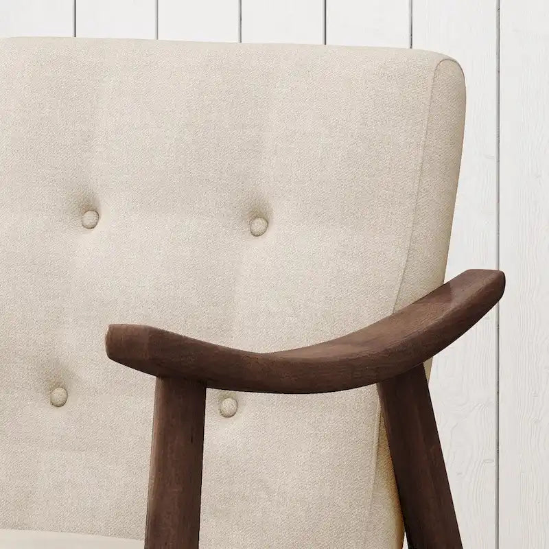 Poltrona d'Appoggio Mid-Century Modern, capitonné, braccioli in legno curvato, grigio scuro / beige / blu navy, 1 posto