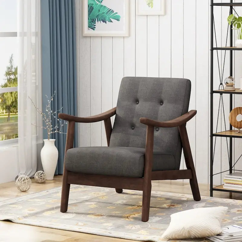 Poltrona d'Appoggio Mid-Century Modern, capitonné, braccioli in legno curvato, grigio scuro / beige / blu navy, 1 posto
