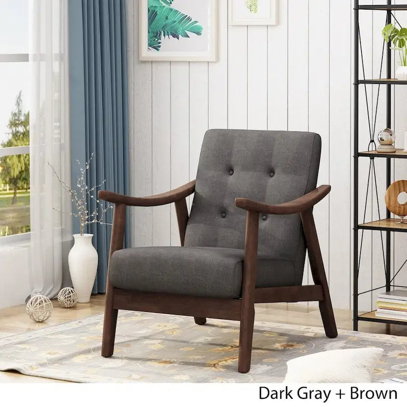 Poltrona d'Appoggio Mid-Century Modern, capitonné, braccioli in legno curvato, grigio scuro / beige / blu navy, 1 posto