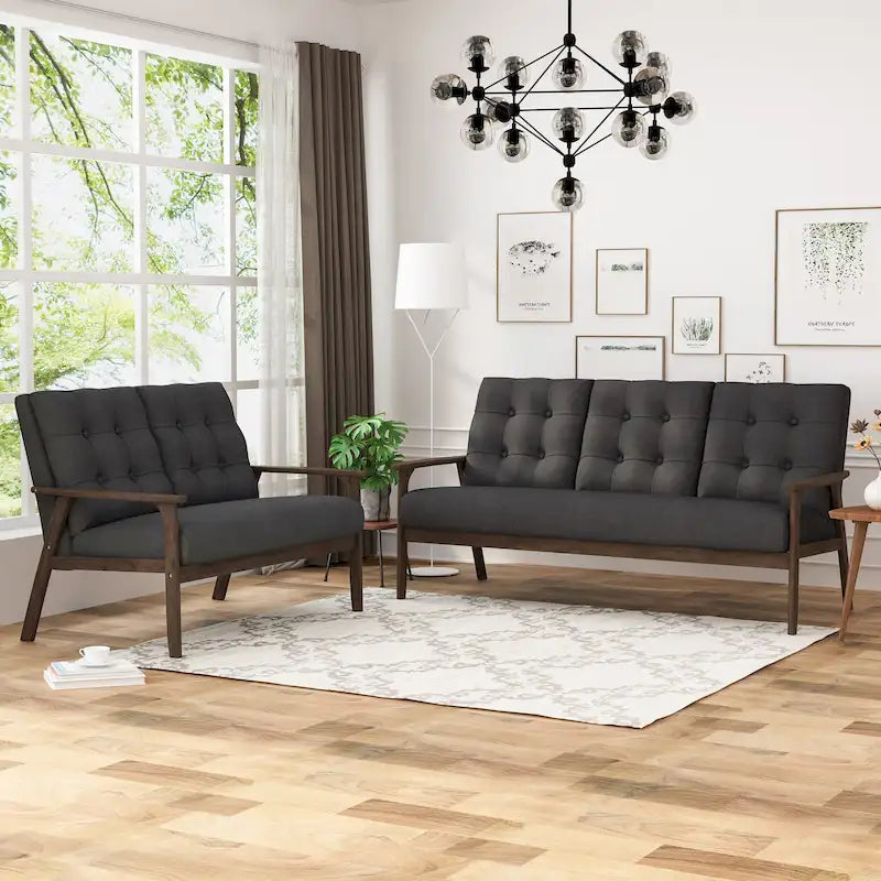 Set divano e divanetto in tessuto grigio antracite in stile metà secolo, 2 pezzi