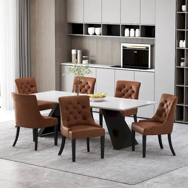 Sedia da pranzo trapuntata in similpelle marrone scuro, set da 6