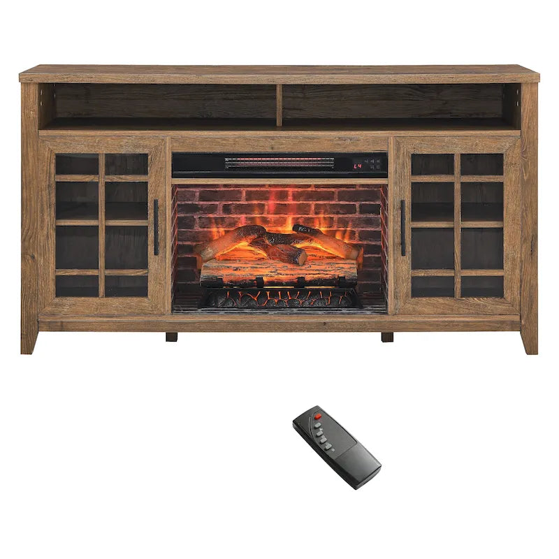 Supporto TV da 55" con camino elettrico integrato, Marrone Rustico
