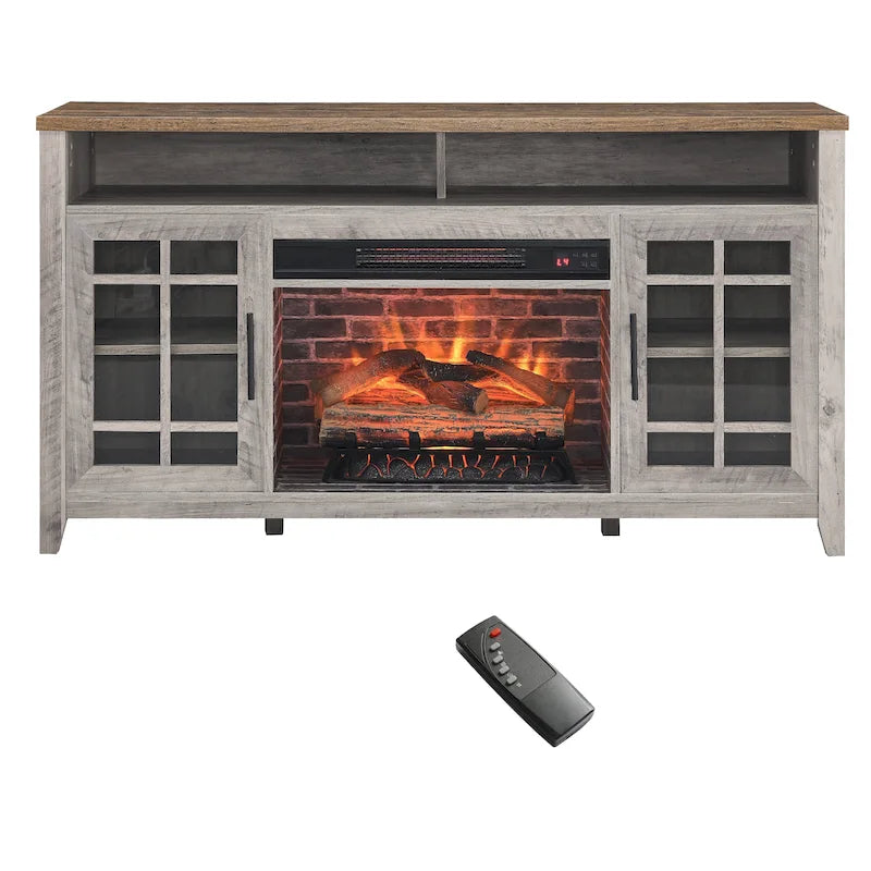 Supporto TV da 55" con camino elettrico integrato, Marrone Rustico
