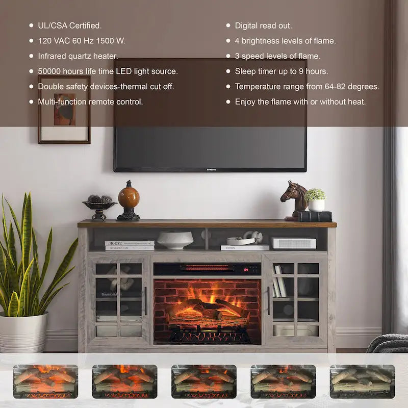 Supporto TV da 55" con camino elettrico integrato, Marrone Rustico