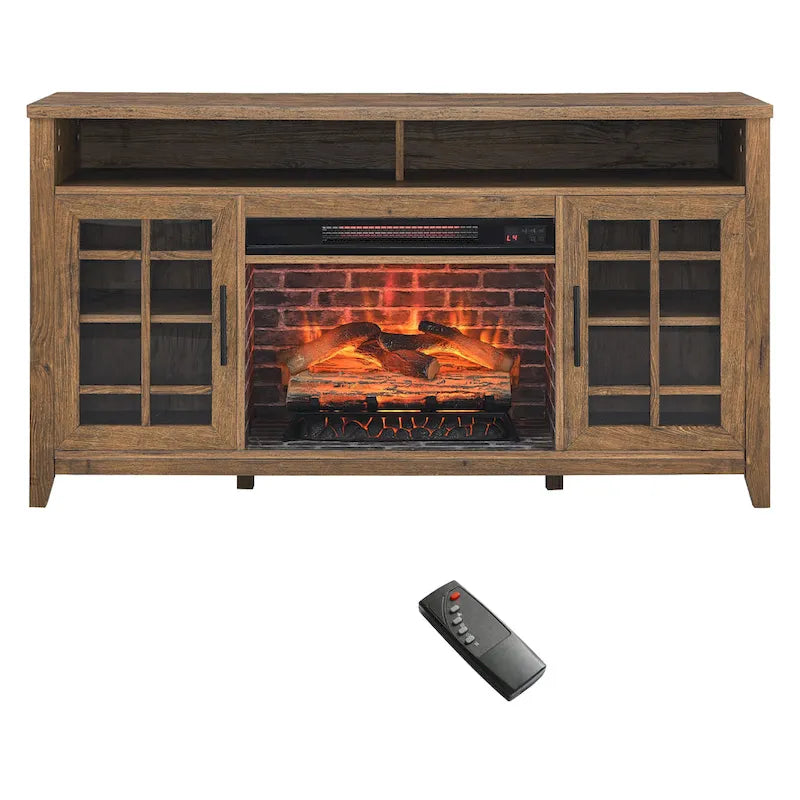Supporto TV da 55" con camino elettrico integrato, Marrone Rustico