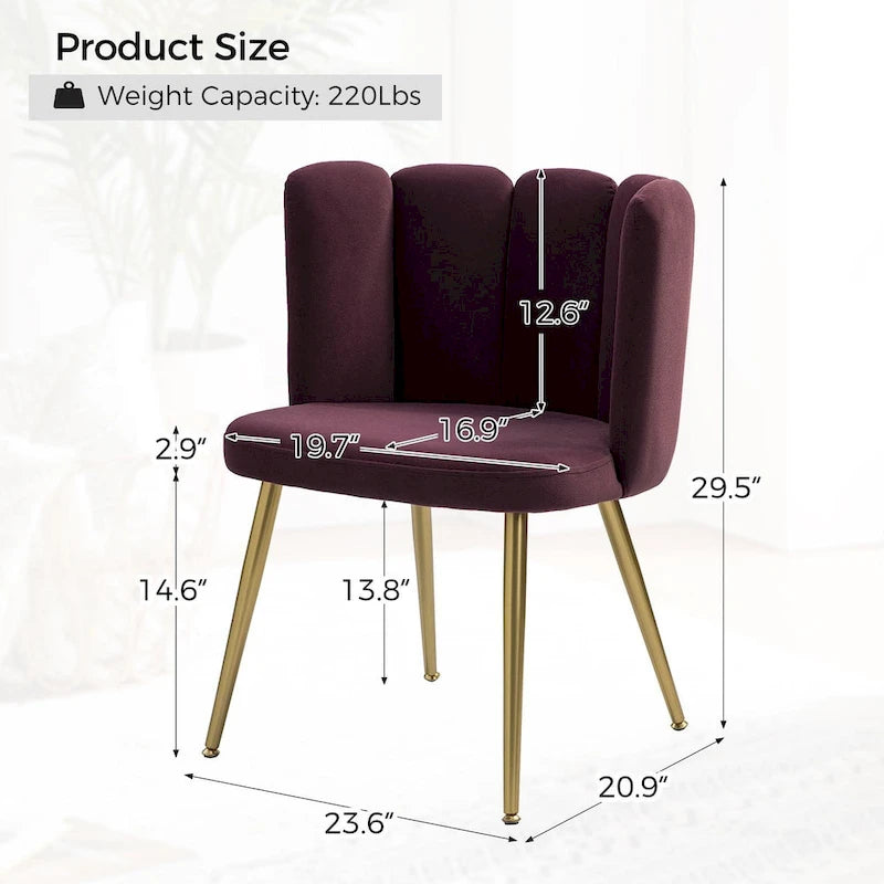 Sedia laterale trapuntata in velluto con gambe in metallo dorato, sedile singolo, 16 colori