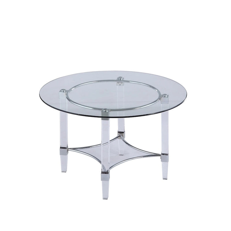 Set da pranzo rotondo a 5 pezzi, in vetro temperato grigio, base in acrilico cromato, 4 posti a sedere