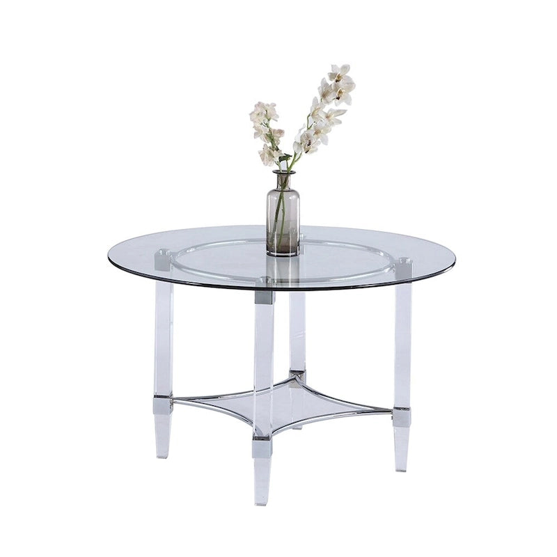 Set da pranzo rotondo a 5 pezzi, in vetro temperato grigio, base in acrilico cromato, 4 posti a sedere
