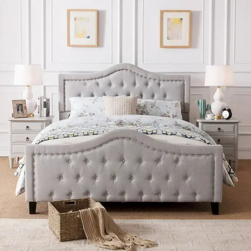 Letto a piattaforma imbottito trapuntato Queen-Size avorio/grigio
