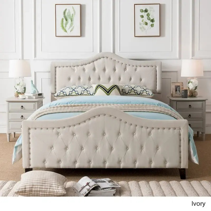 Letto a piattaforma imbottito trapuntato Queen-Size avorio/grigio