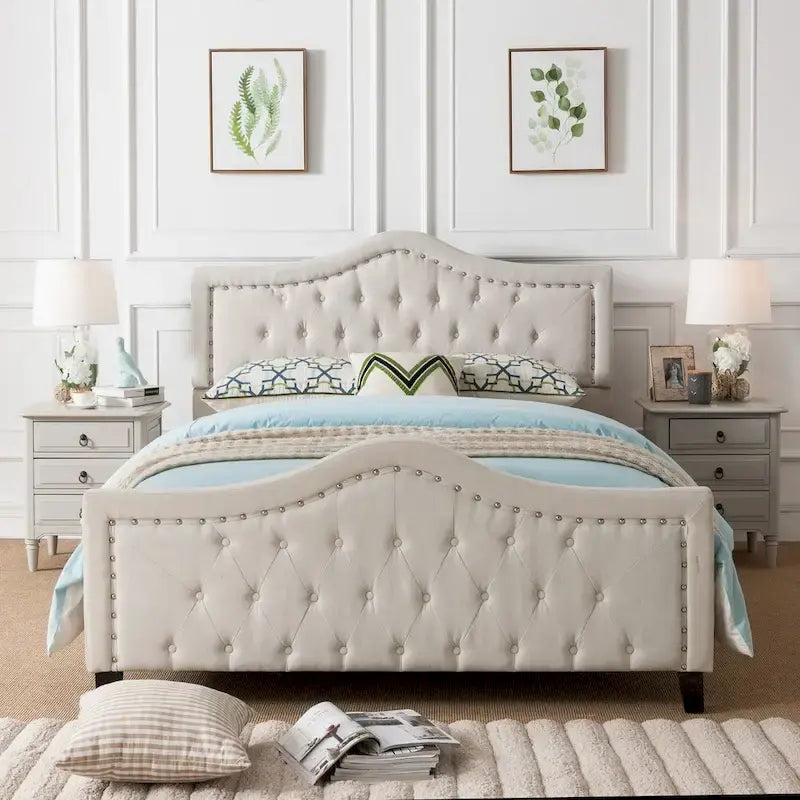 Letto a piattaforma imbottito trapuntato Queen-Size avorio/grigio
